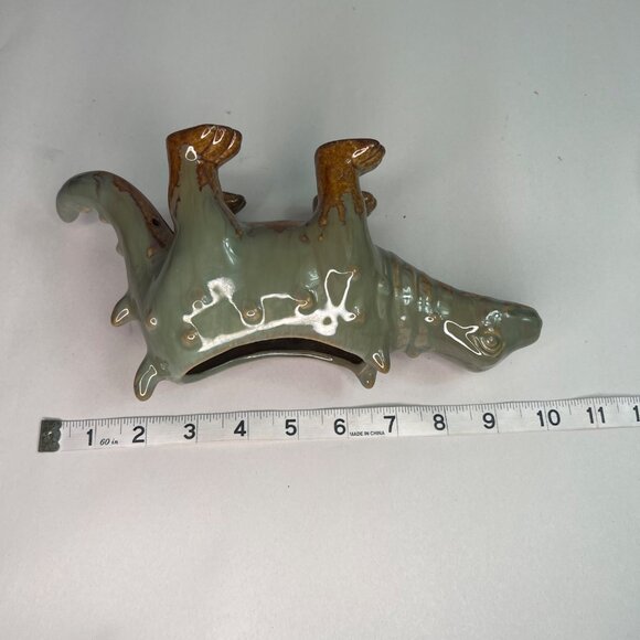 Ceramic Dinosaur Animal Planter Drip Glaze Glossy Finish Green Brown - Picture 7 of 8